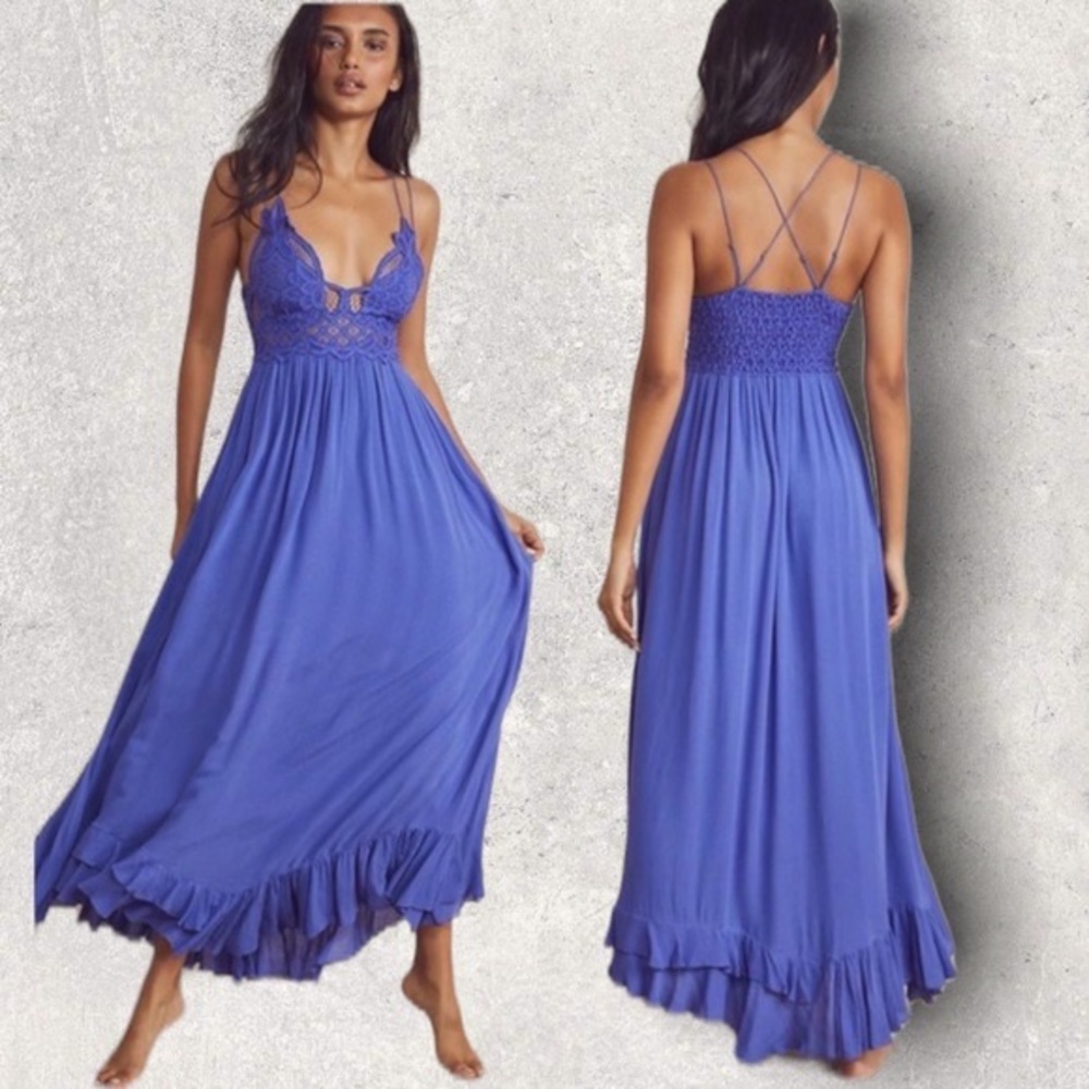 Free people one Adella crochet maxi slip dress periwinkle sz S